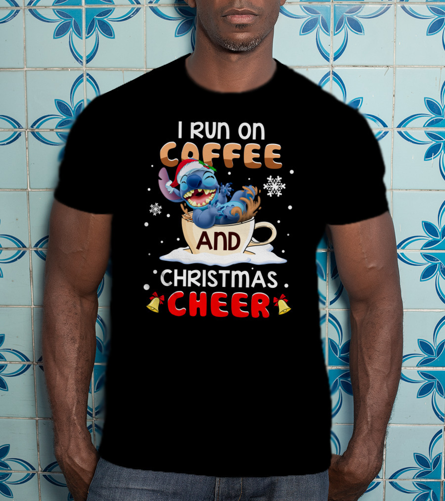 I Run On Coffee And Christmas Cheer Stitch Santa Hat Snowflakes Holiday T-Shirt