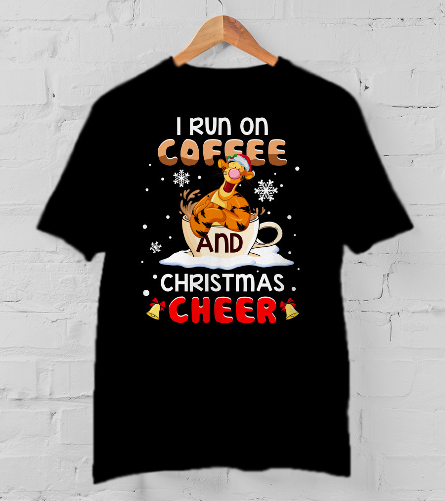 I Run On Coffee And Christmas Cheer Tigger Holiday Santa Hat Snowflakes Bells T-Shirt