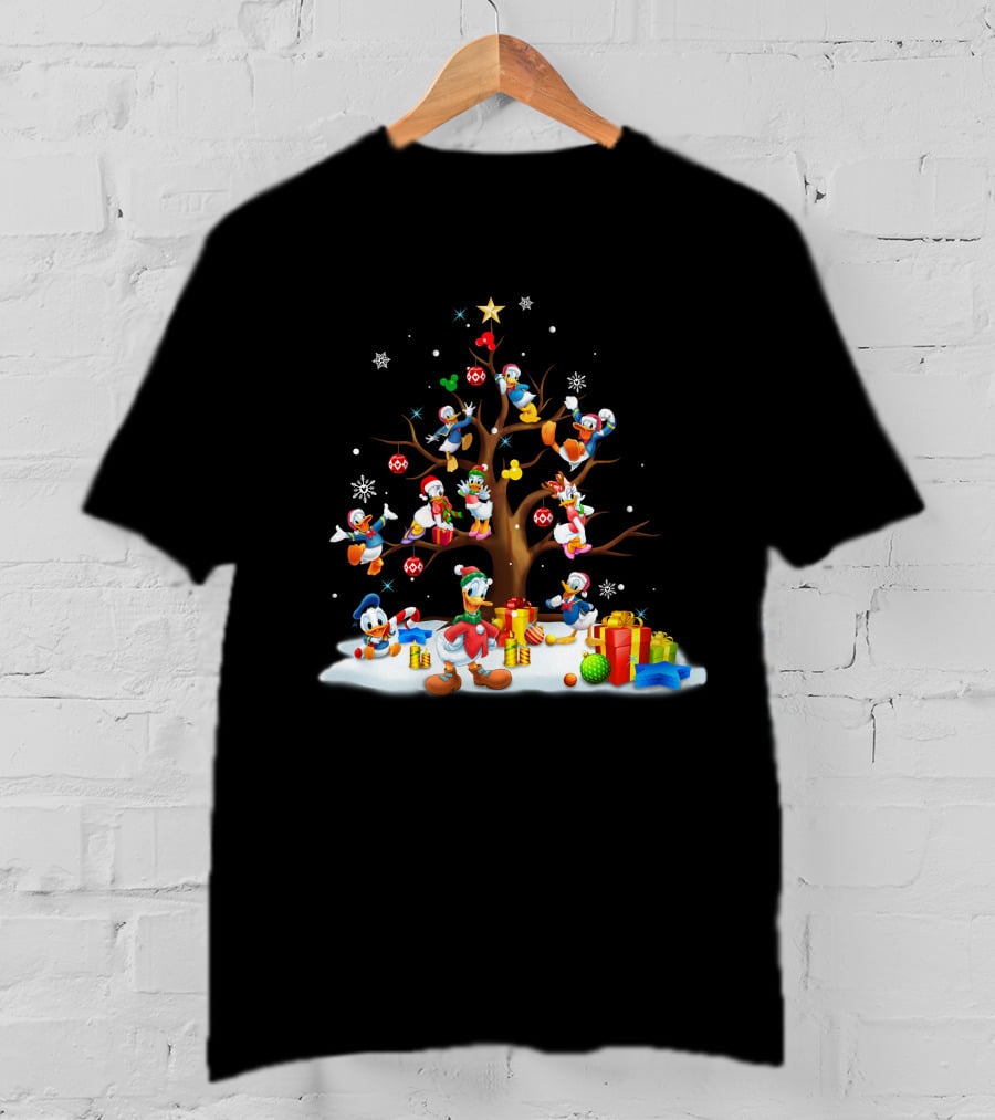 Donald Daisy Christmas Tree With Disney Characters And Snowflakes T-Shirt