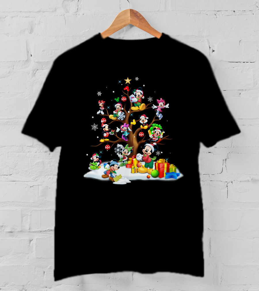 Mickey Minnie Christmas Holiday Tree With Gifts And Snowflakes T-Shirt