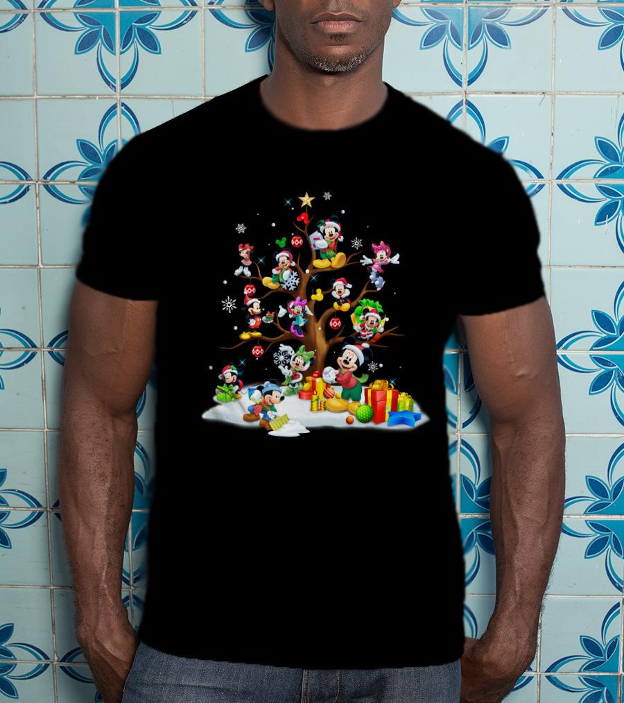Mickey Minnie Christmas Holiday Tree With Gifts And Snowflakes T-Shirt