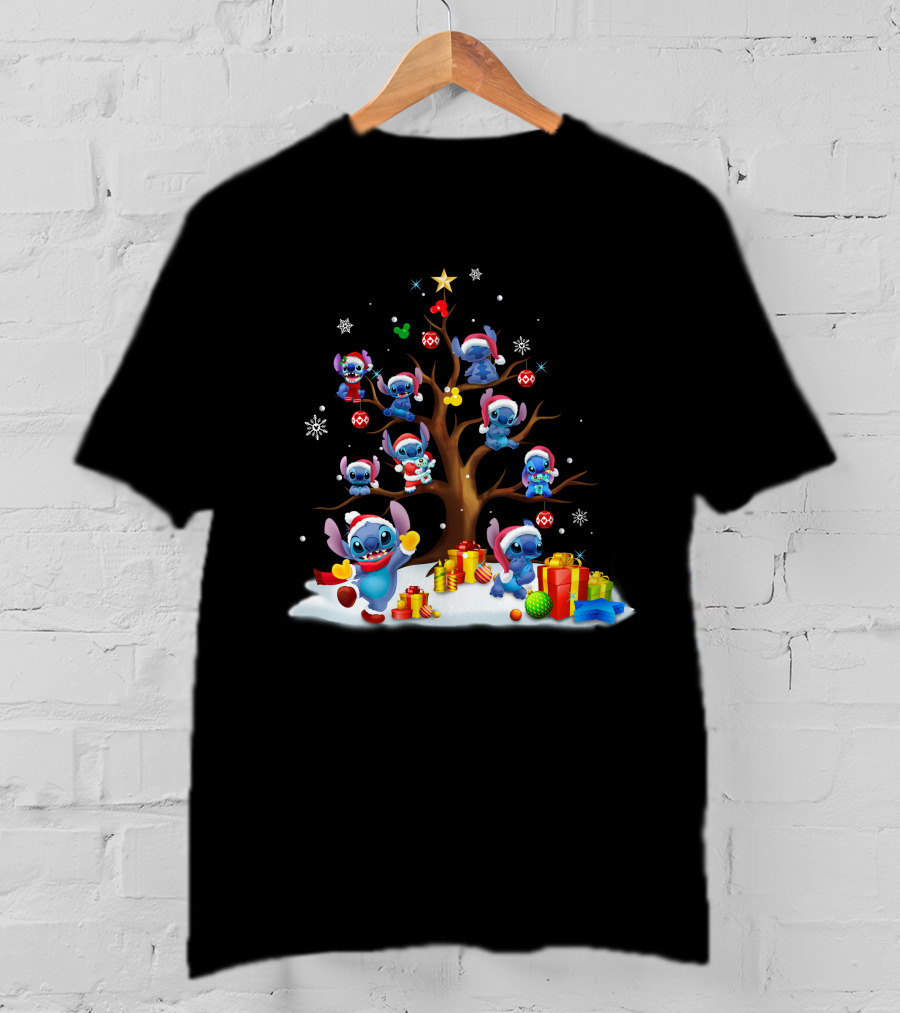Stitch Christmas Tree With Santa Hats And Gifts T-Shirt
