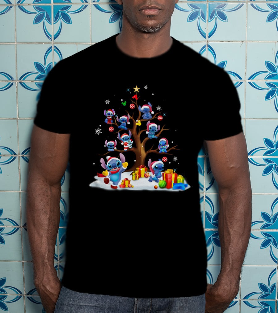 Stitch Christmas Tree With Santa Hats And Gifts T-Shirt