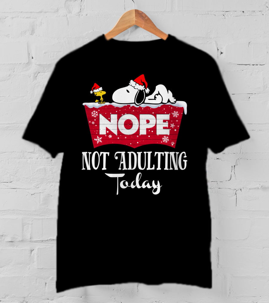Snoopy Nope Not Adulting Today Christmas Santa Hat Snowflakes T-Shirt