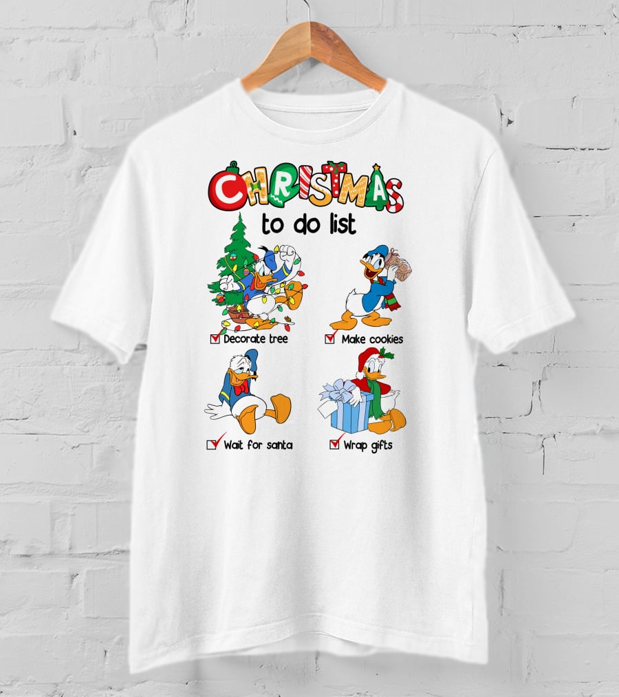 Christmas To Do List Donald Duck Decorate Tree Make Cookies Wait For Santa Wrap Gifts T-Shirt