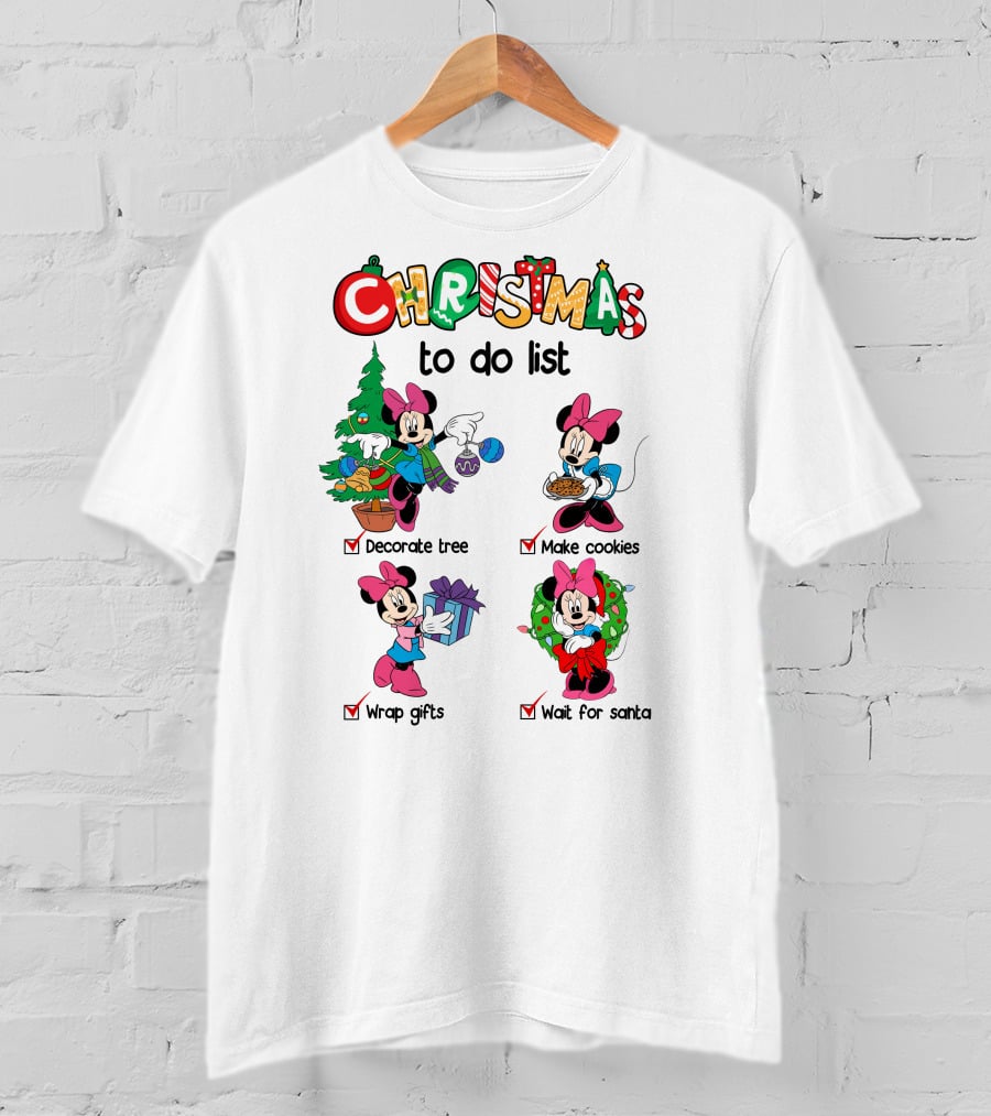 Minnie Christmas To Do List Decorate Tree Make Cookies Wrap Gifts Wait For Santa T-Shirt