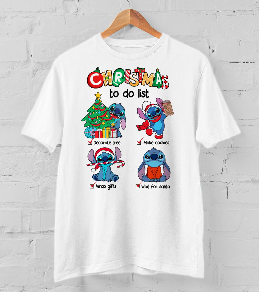 Christmas To Do List Decorate Tree Make Cookies Wrap Gifts Wait For Santa Stitch T-Shirt