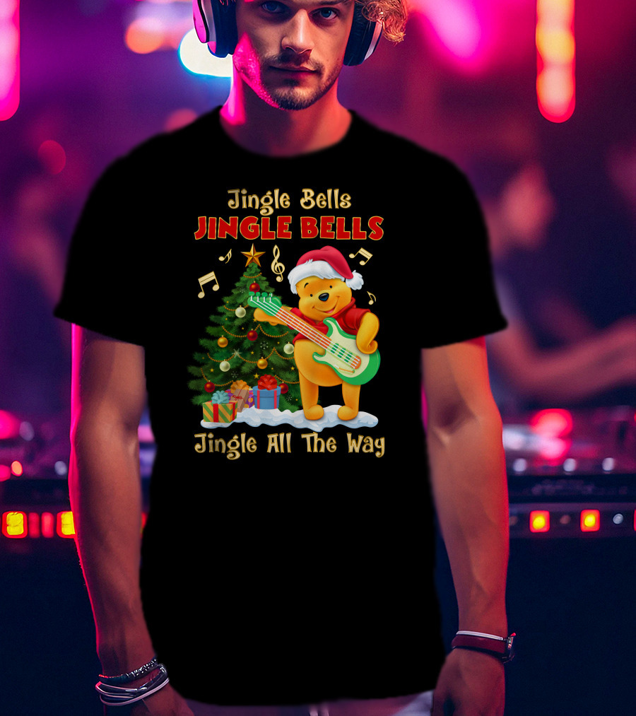 Jingle Bells Jingle Bells Jingle All The Way Christmas Tree Music Notes Pooh Santa Hat Guitar T-Shirt