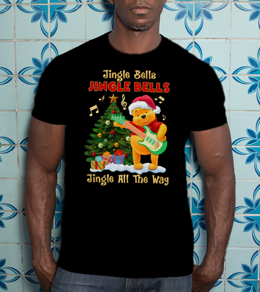 Jingle Bells Jingle Bells Jingle All The Way Christmas Tree Music Notes Pooh Santa Hat Guitar T-Shirt