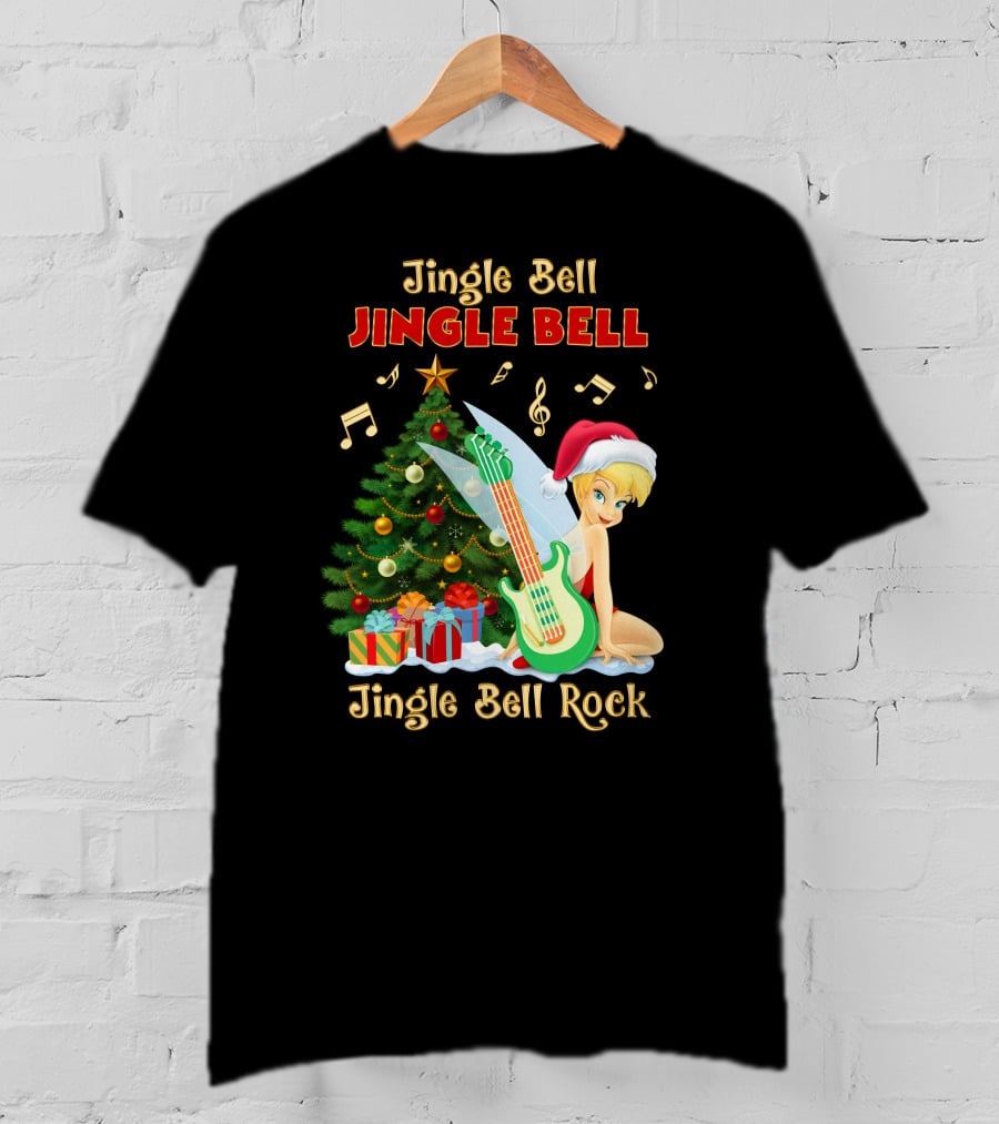 Jingle Bell Jingle Bell Jingle Bell Rock Christmas Tinkerbell Santa Hat Guitar Tree Music T-Shirt