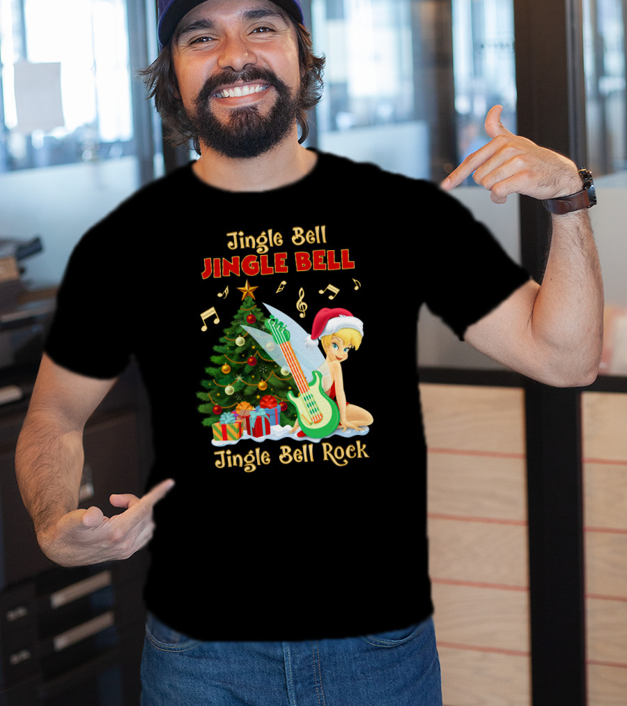 Jingle Bell Jingle Bell Jingle Bell Rock Christmas Tinkerbell Santa Hat Guitar Tree Music T-Shirt