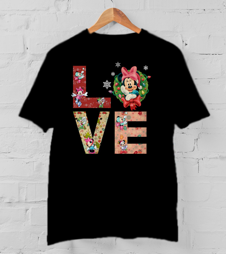 Minnie Mouse Christmas Love Snowflakes Holiday Wreath T-Shirt