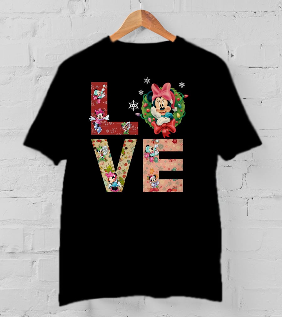 Love Minnie Mouse Christmas Wreath Holiday Snowflakes T-Shirt