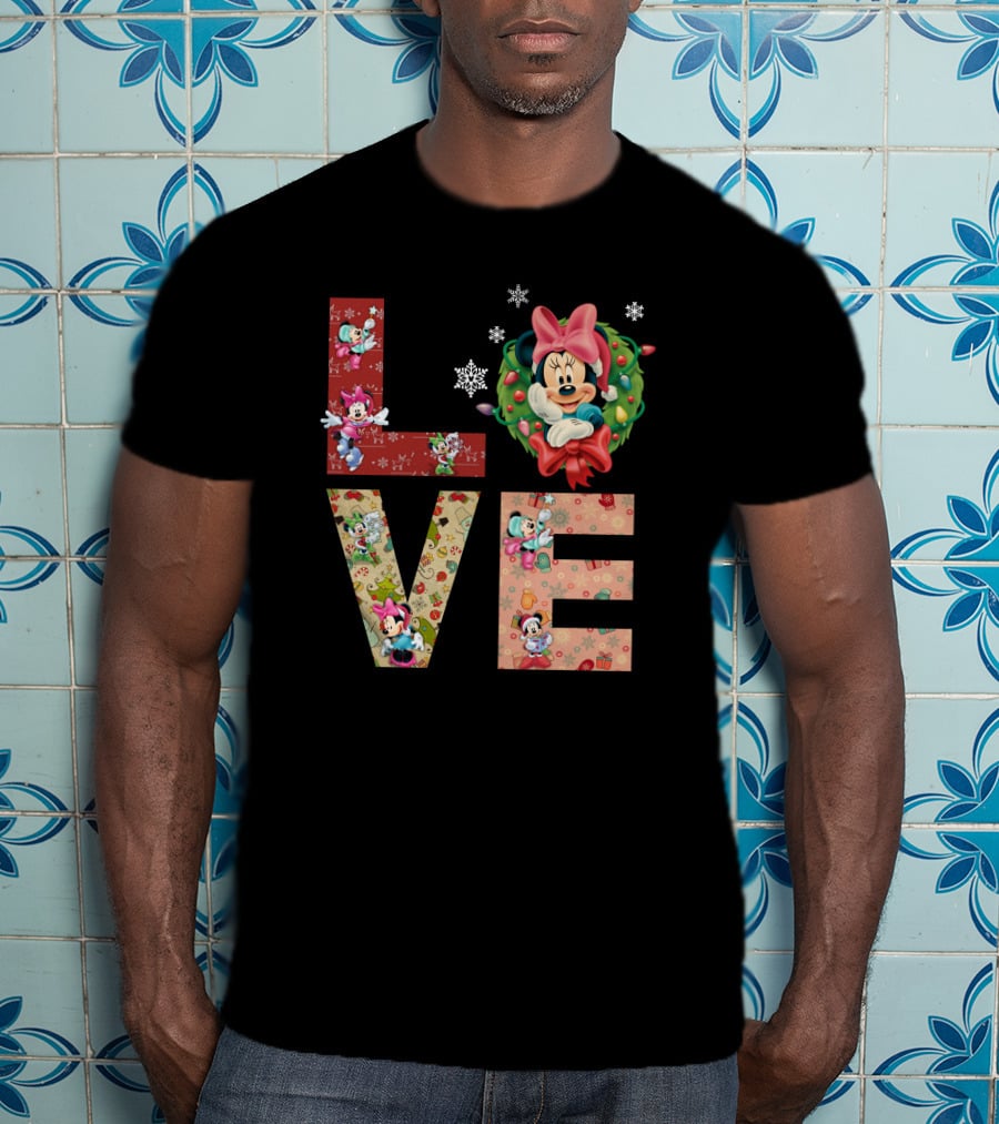 Love Minnie Mouse Christmas Wreath Holiday Snowflakes T-Shirt