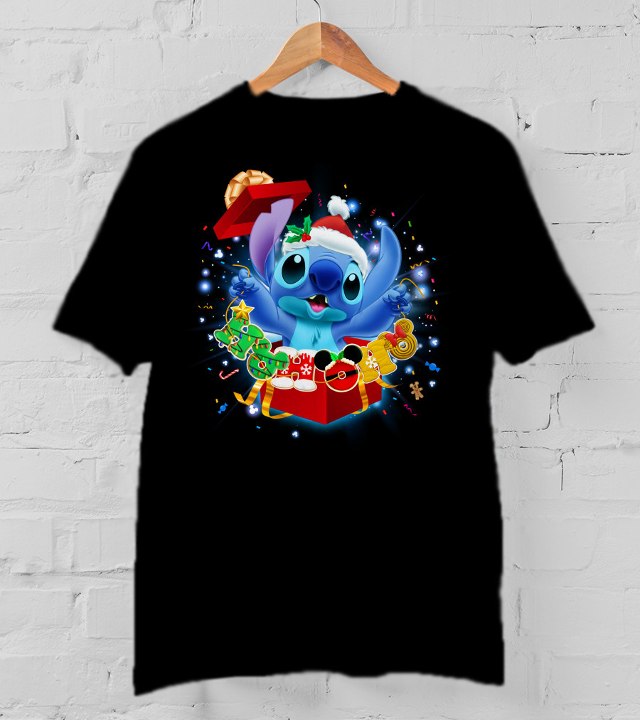 Stitch Christmas Celebration With Santa Hat And Festive Lights T-Shirt