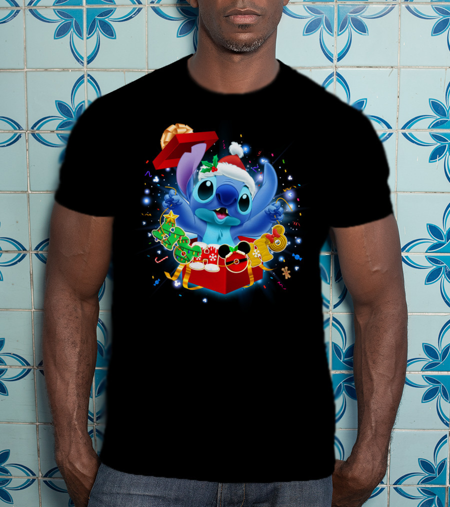 Stitch Christmas Celebration With Santa Hat And Festive Lights T-Shirt