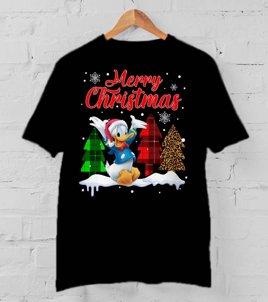 Merry Christmas Donald Duck With Festive Plaid And Leopard Trees T-Shirt