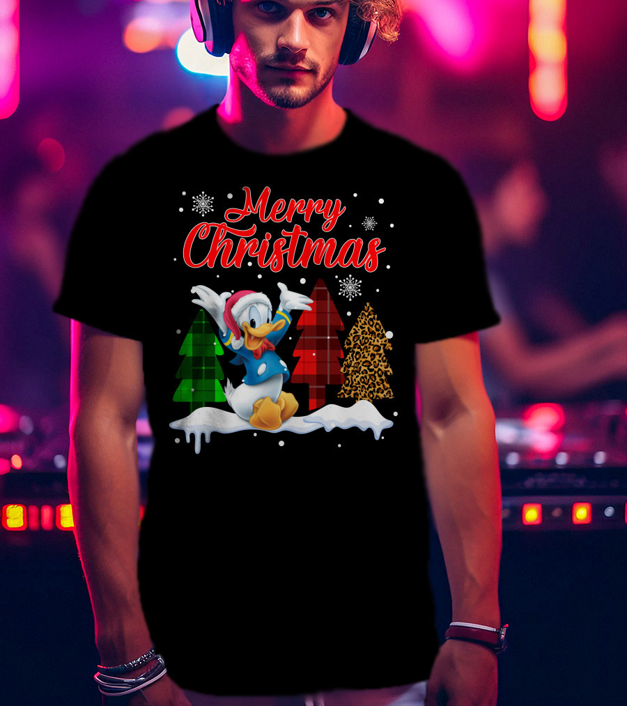 Merry Christmas Donald Duck With Festive Plaid And Leopard Trees T-Shirt