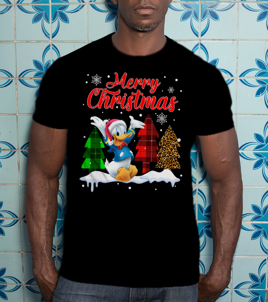 Merry Christmas Donald Duck With Festive Plaid And Leopard Trees T-Shirt