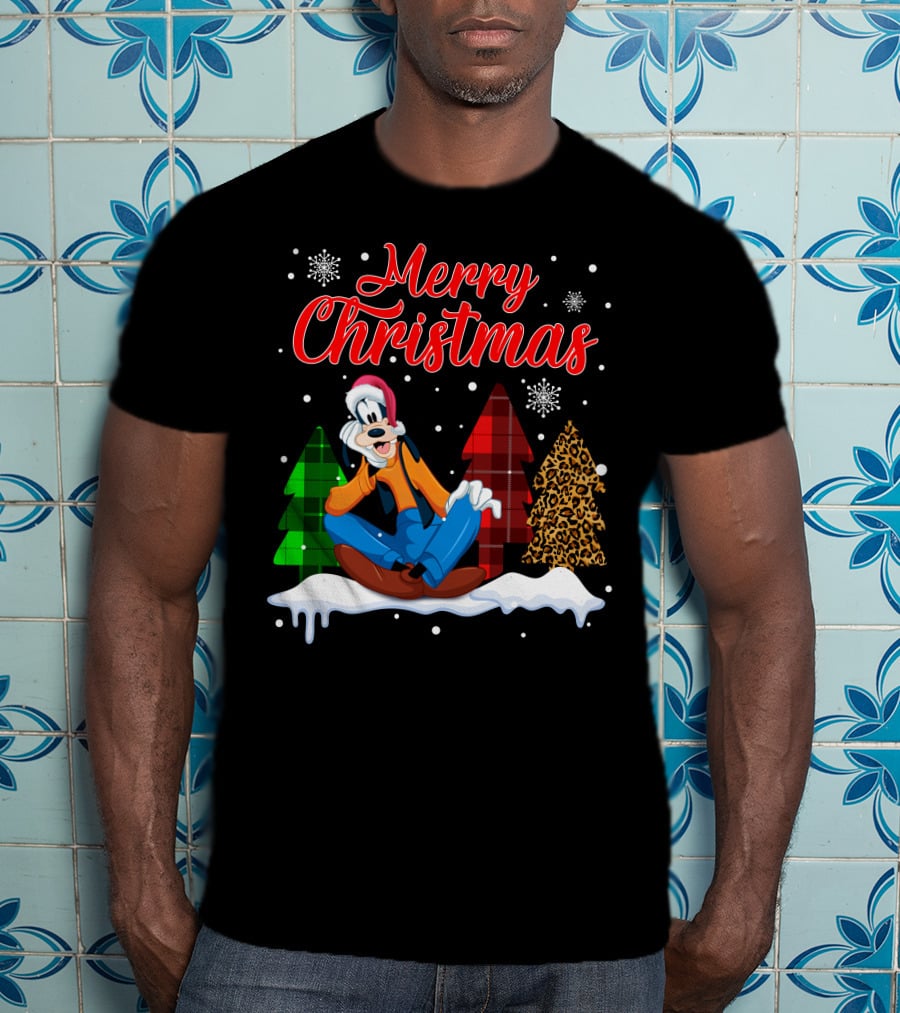 Merry Christmas Goofy With Plaid And Leopard Trees Snowflakes T-Shirt