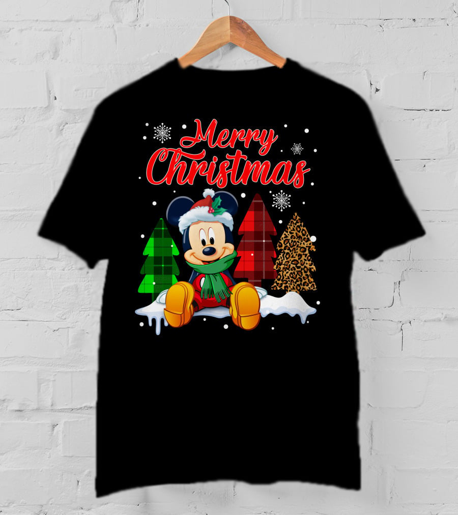 Merry Christmas Mickey Mouse With Plaid And Leopard Trees And Snowflakes T-Shirt