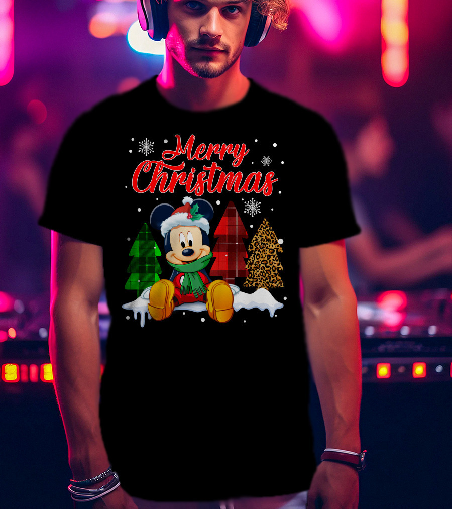 Merry Christmas Mickey Mouse With Plaid And Leopard Trees And Snowflakes T-Shirt