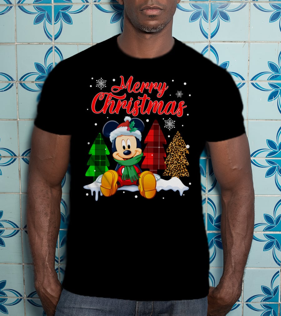 Merry Christmas Mickey Mouse With Plaid And Leopard Trees And Snowflakes T-Shirt