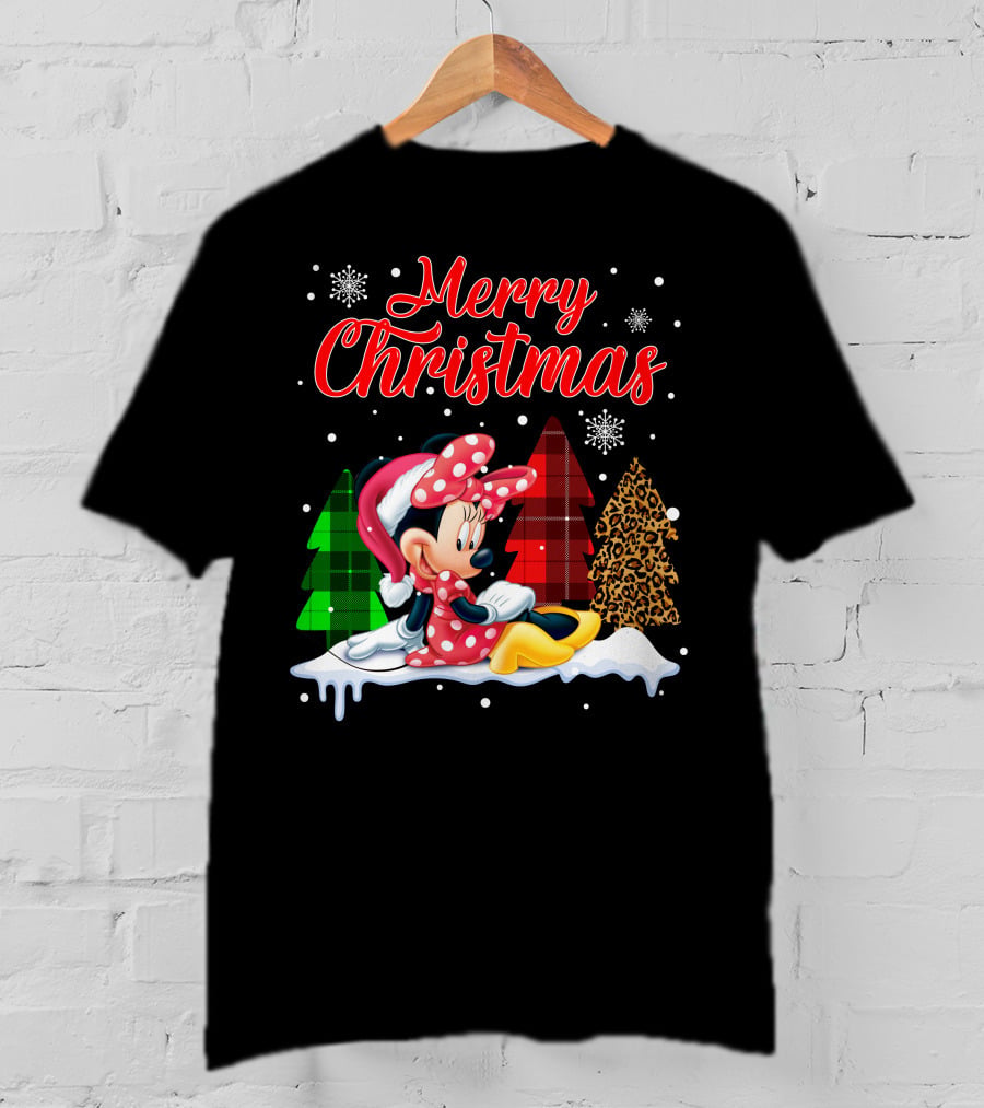 Minnie Merry Christmas Snowflakes Plaid Trees T-Shirt