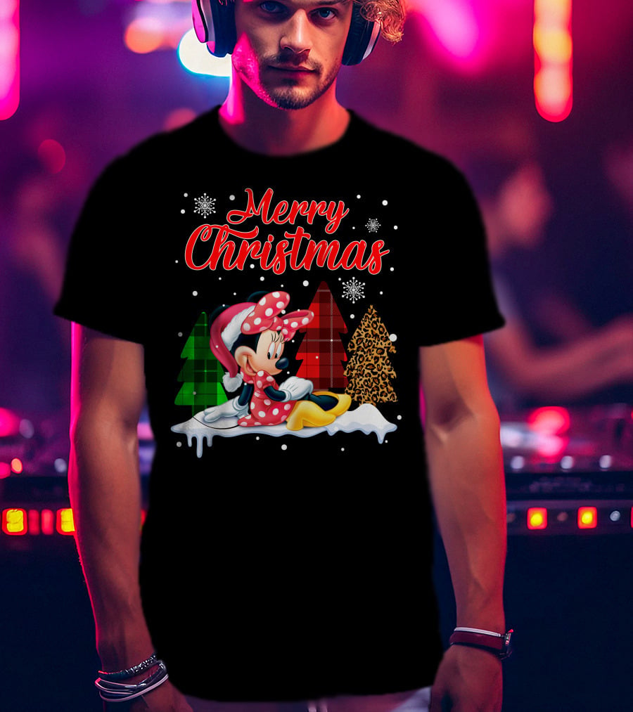 Minnie Merry Christmas Snowflakes Plaid Trees T-Shirt