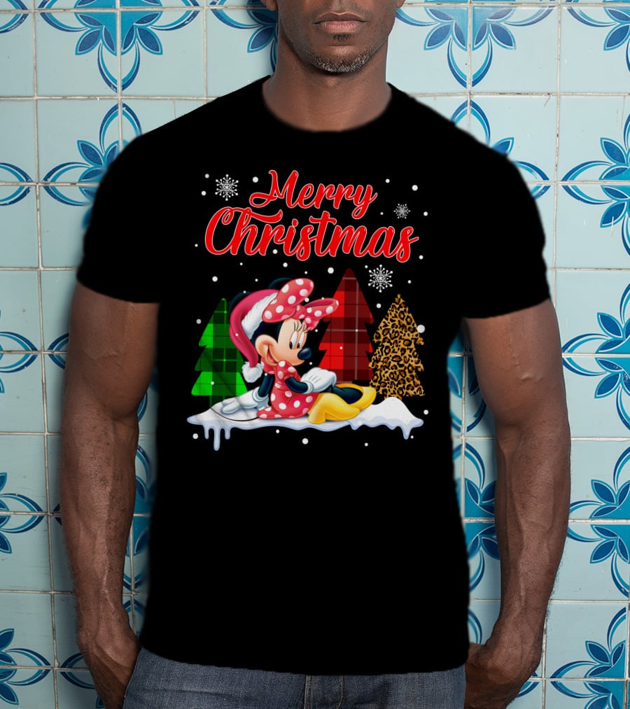 Minnie Merry Christmas Snowflakes Plaid Trees T-Shirt