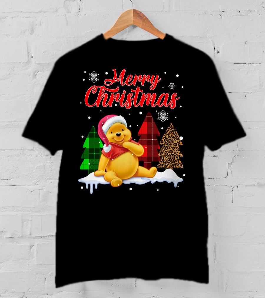 Merry Christmas Pooh Snowflakes Plaid Trees Santa Hat T-Shirt