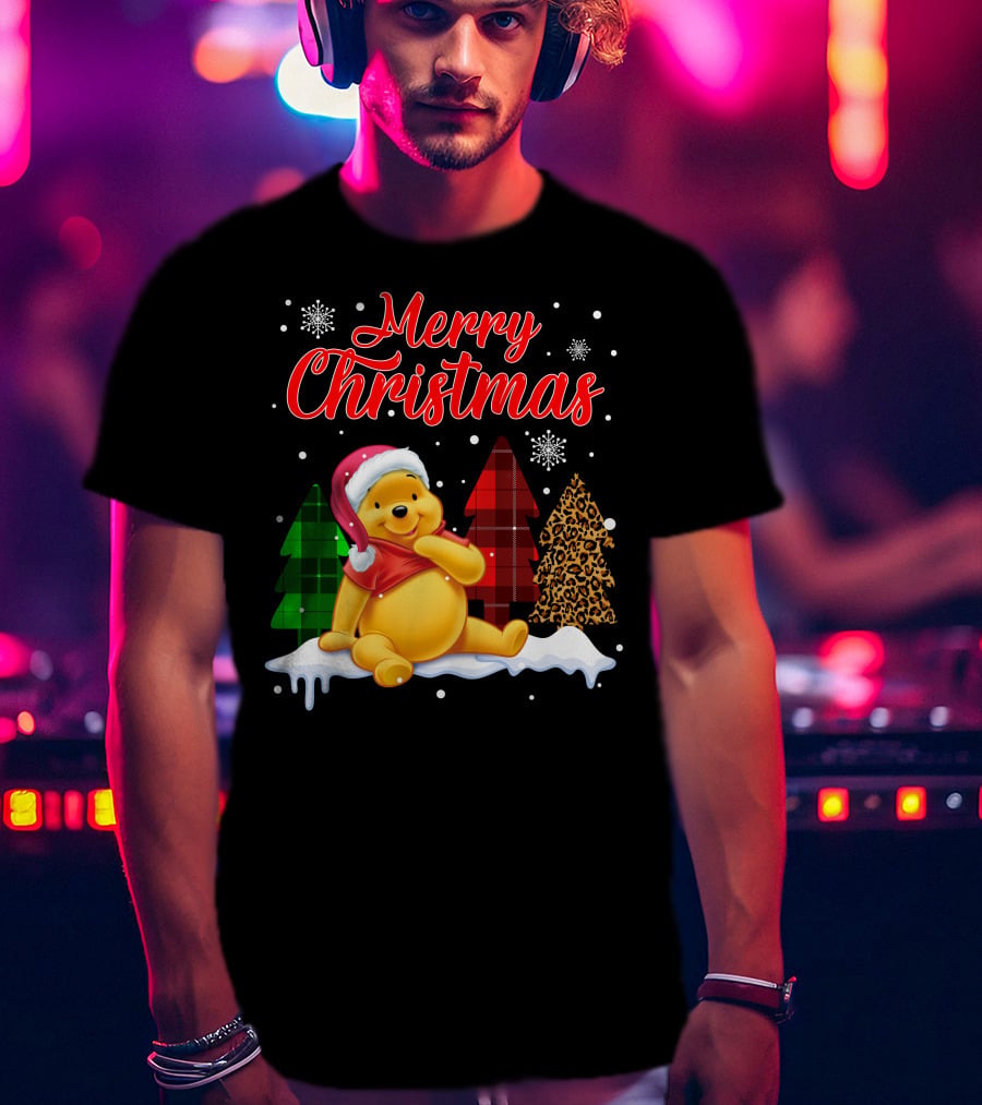 Merry Christmas Pooh Snowflakes Plaid Trees Santa Hat T-Shirt