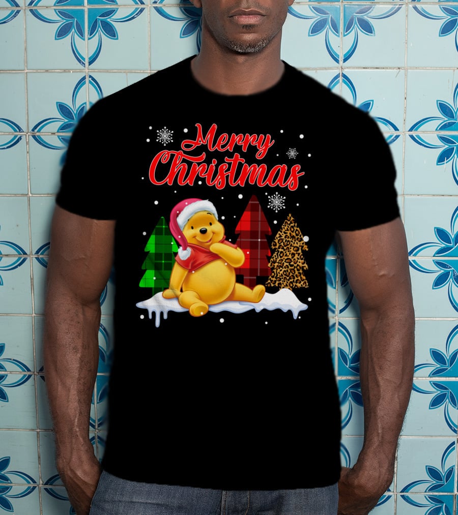Merry Christmas Pooh Snowflakes Plaid Trees Santa Hat T-Shirt