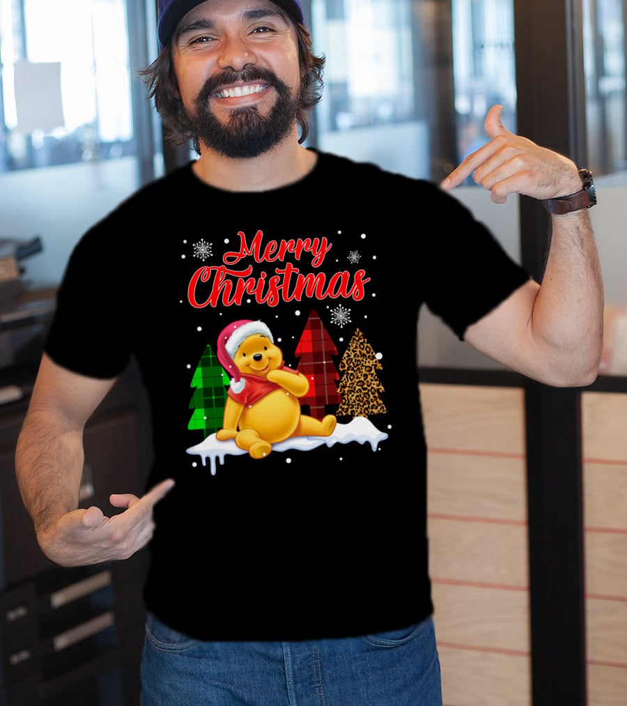 Merry Christmas Pooh Snowflakes Plaid Trees Santa Hat T-Shirt