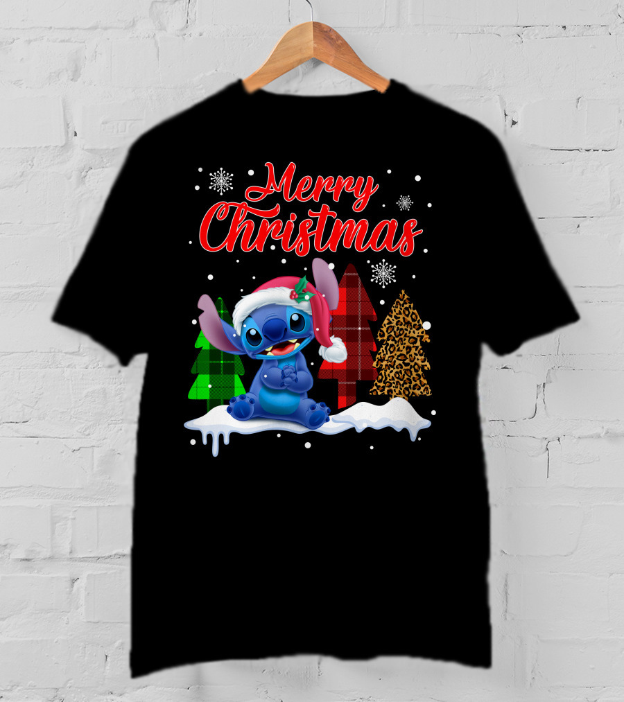 Merry Christmas Stitch Santa Hat Snow Plaid Trees T-Shirt