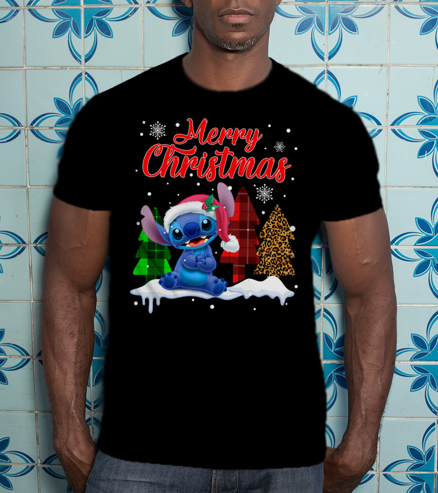 Merry Christmas Stitch Santa Hat Snow Plaid Trees T-Shirt