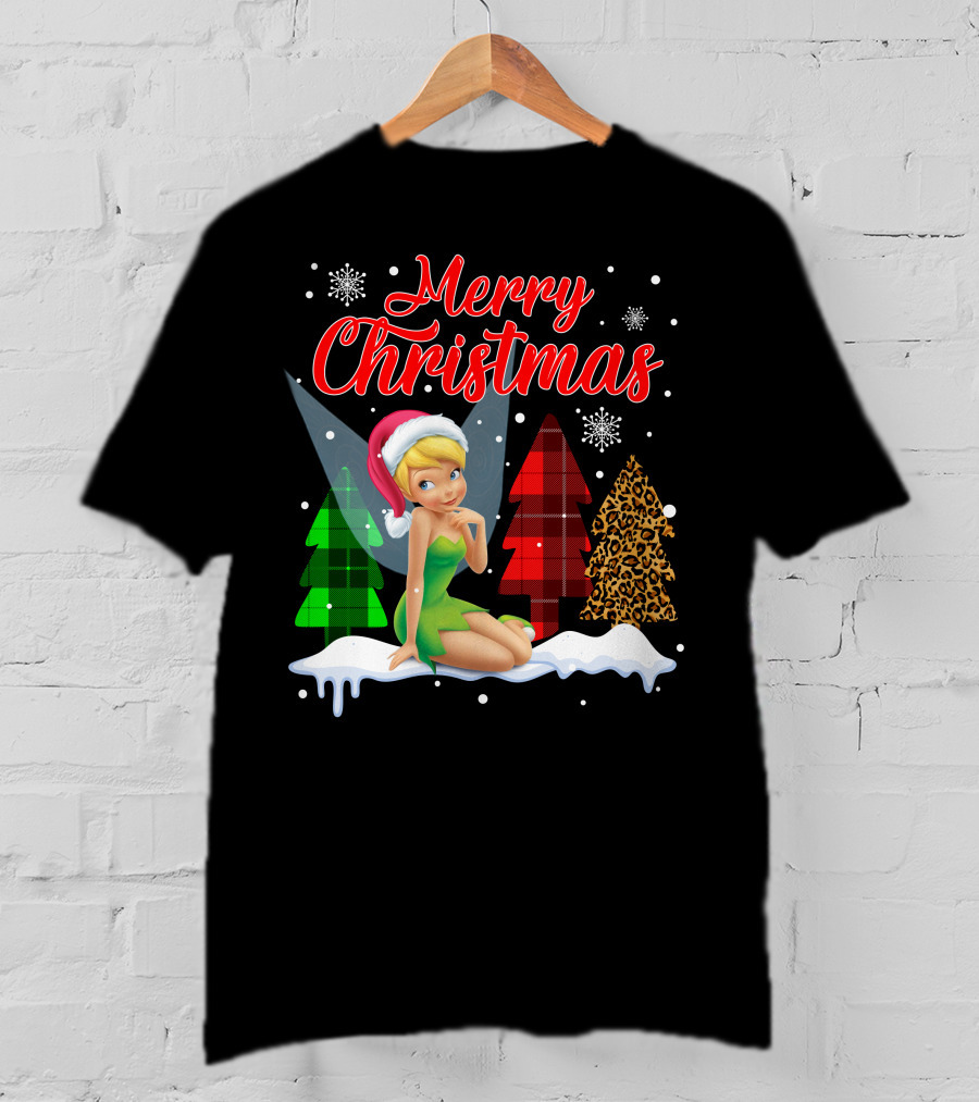 Merry Christmas Tinkerbell Santa Hat Plaid And Leopard Trees Snowflakes T-Shirt