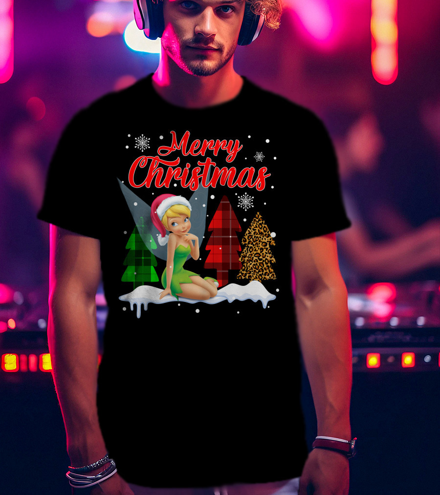 Merry Christmas Tinkerbell Santa Hat Plaid And Leopard Trees Snowflakes T-Shirt