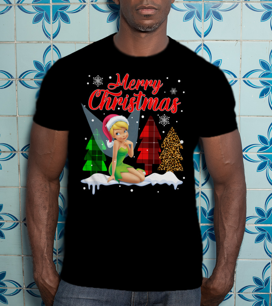 Merry Christmas Tinkerbell Santa Hat Plaid And Leopard Trees Snowflakes T-Shirt