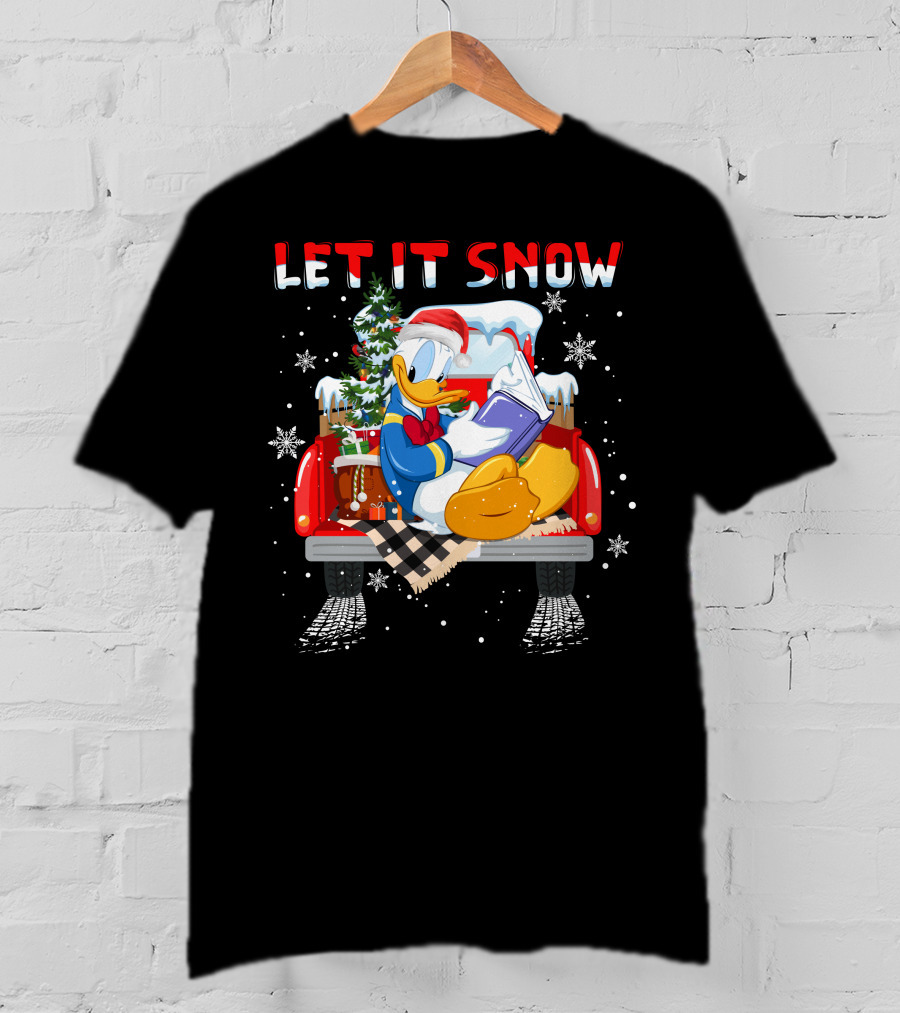 Let It Snow Donald Santa Hat Reading Winter Snowflakes Christmas Tree Red Truck T-Shirt