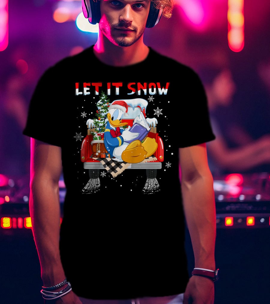 Let It Snow Donald Santa Hat Reading Winter Snowflakes Christmas Tree Red Truck T-Shirt