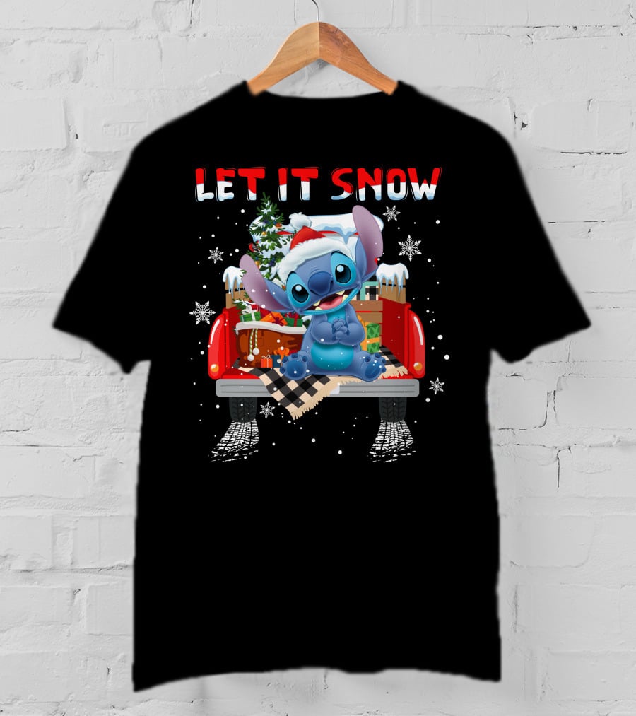 Let It Snow Stitch Christmas Santa Truck Snowflakes T-Shirt