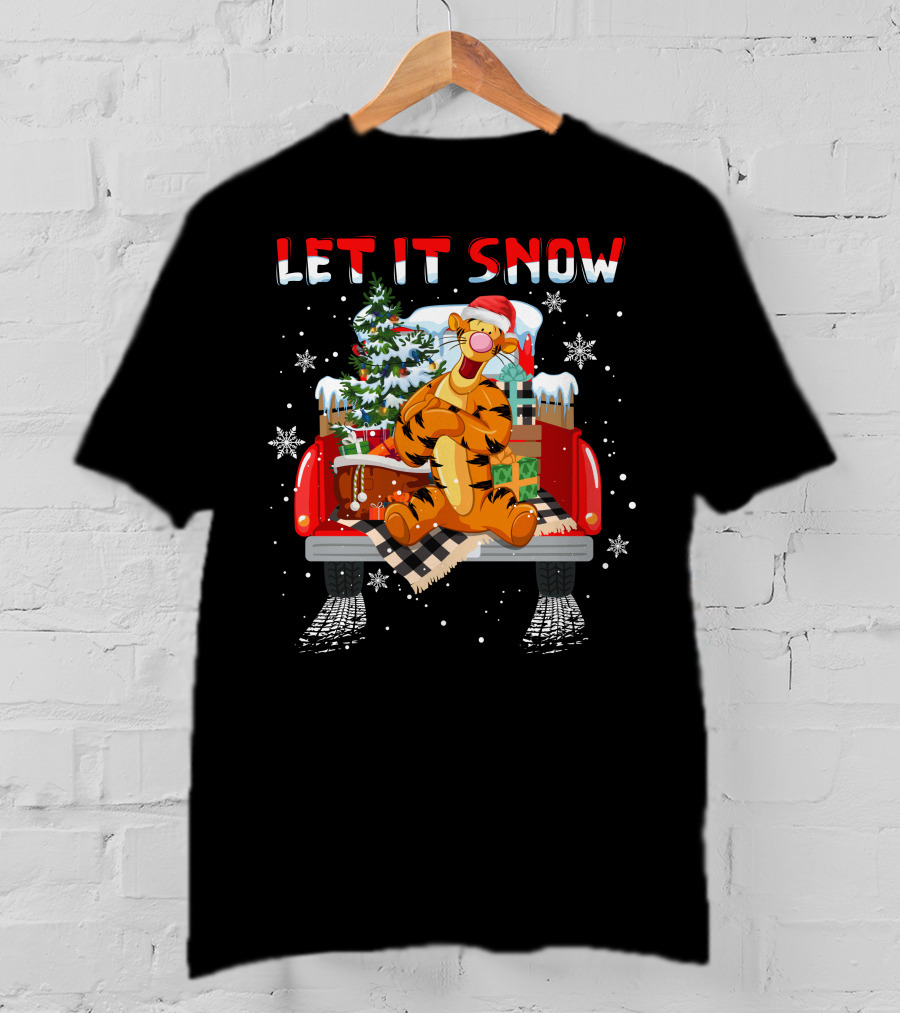 Tigger Let It Snow Christmas Tree And Presents In Snowy Red Truck T-Shirt