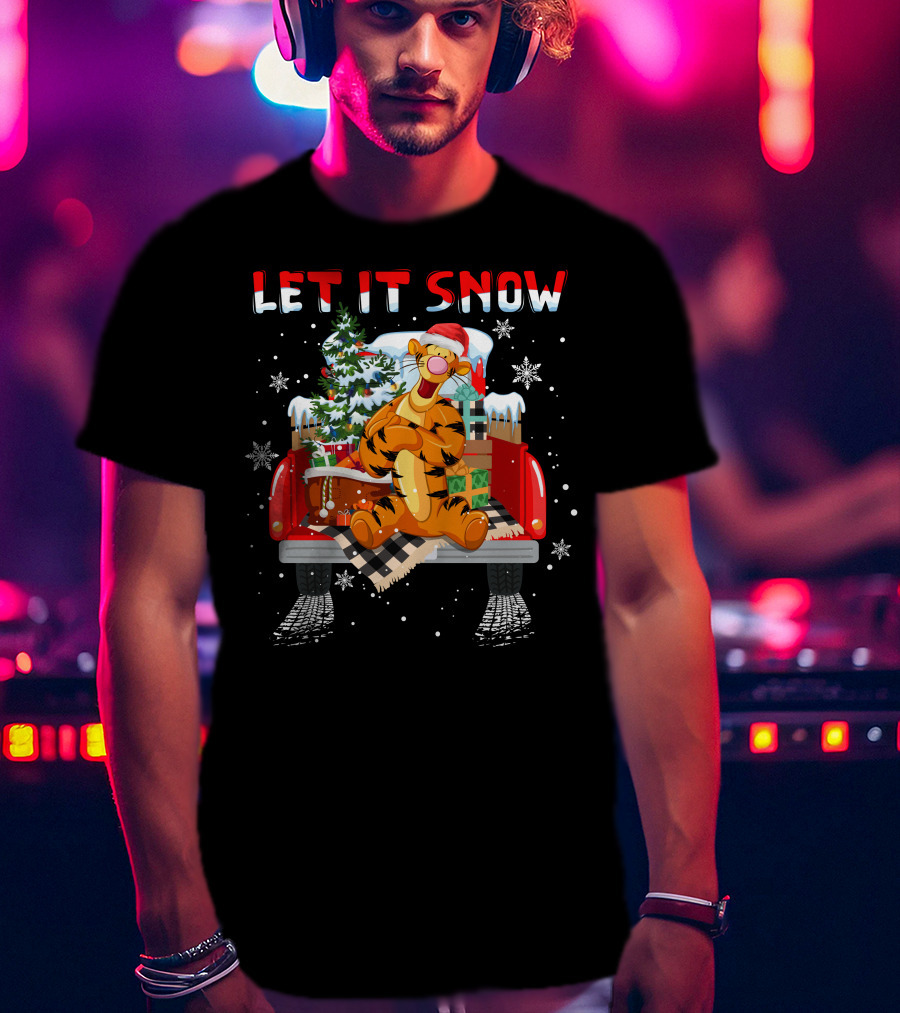 Tigger Let It Snow Christmas Tree And Presents In Snowy Red Truck T-Shirt