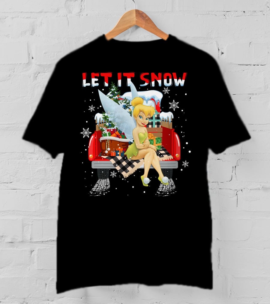 Let It Snow Tinkerbell Sitting On Truck With Gifts And Snowflakes T-Shirt