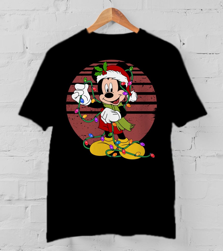 Mickey Mouse Christmas Lights Santa Hat Holiday T-Shirt