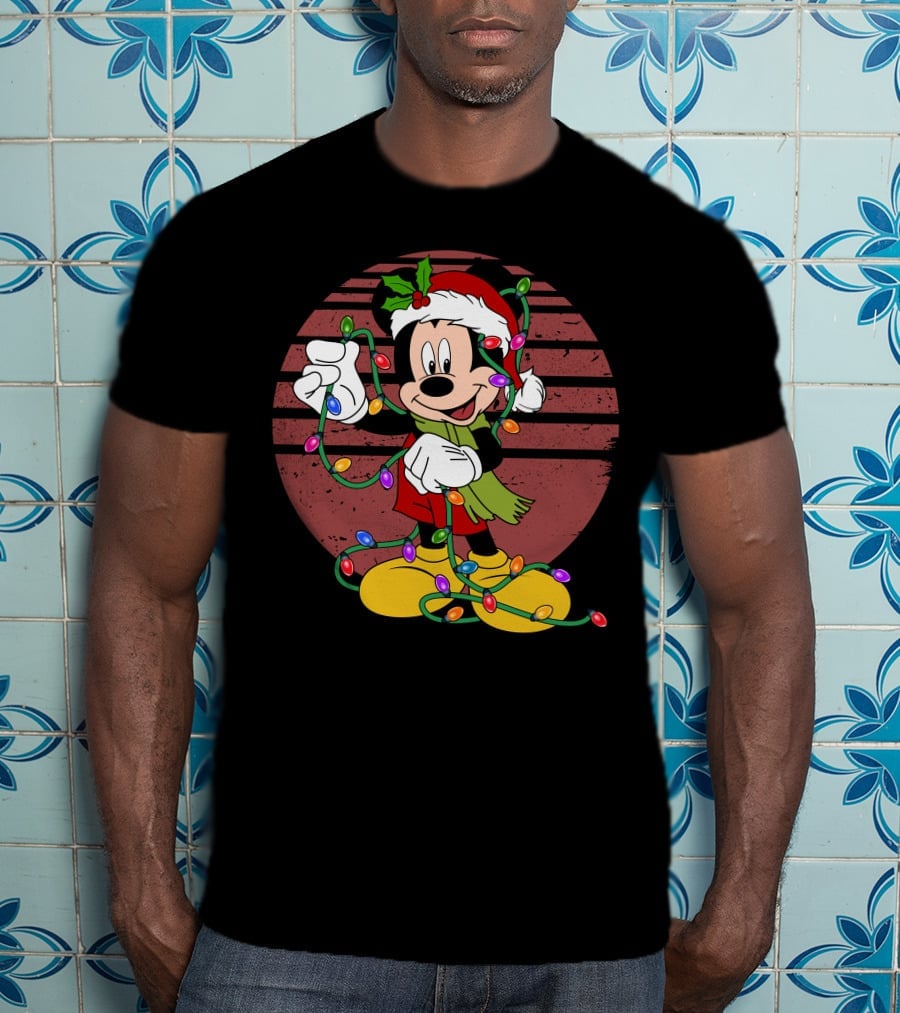Mickey Mouse Christmas Lights Santa Hat Holiday T-Shirt