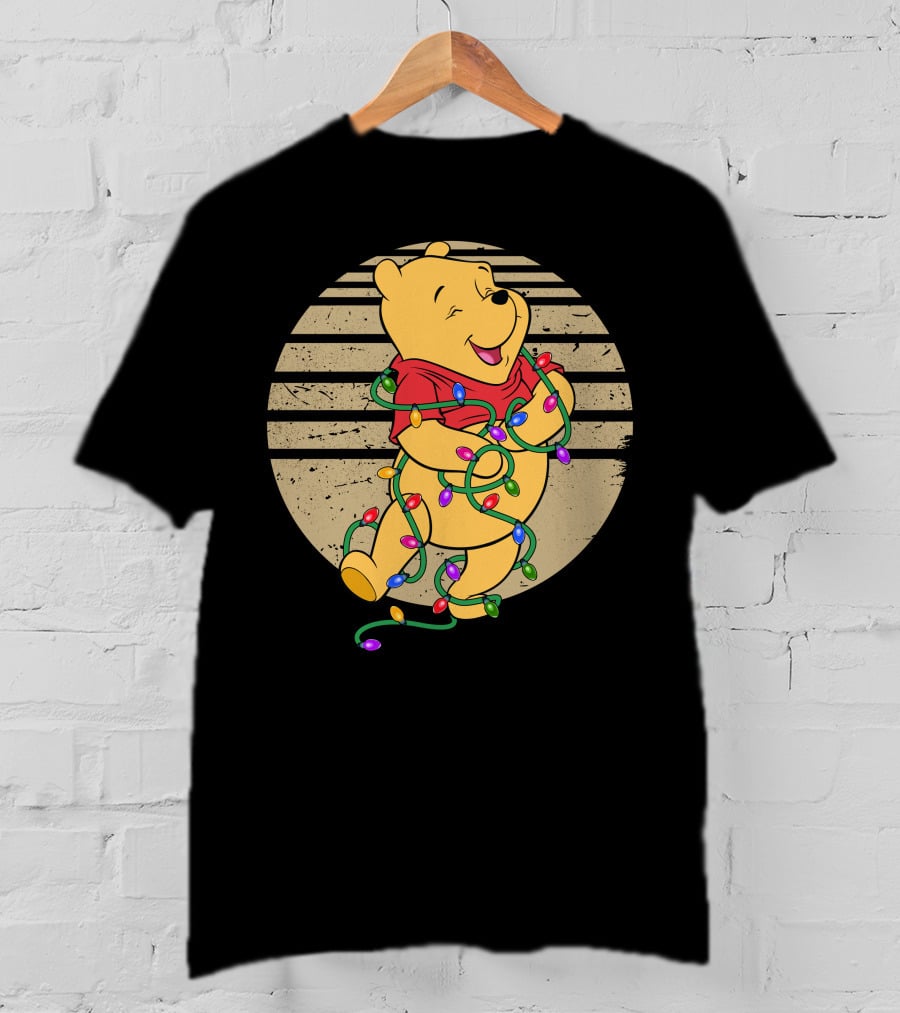 Pooh Wrapped In Christmas Lights And Stripes T-Shirt