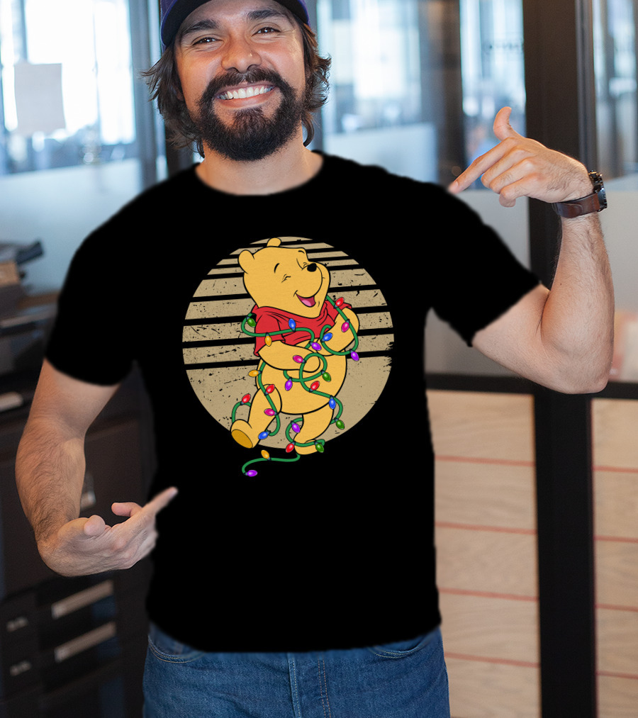 Pooh Wrapped In Christmas Lights And Stripes T-Shirt