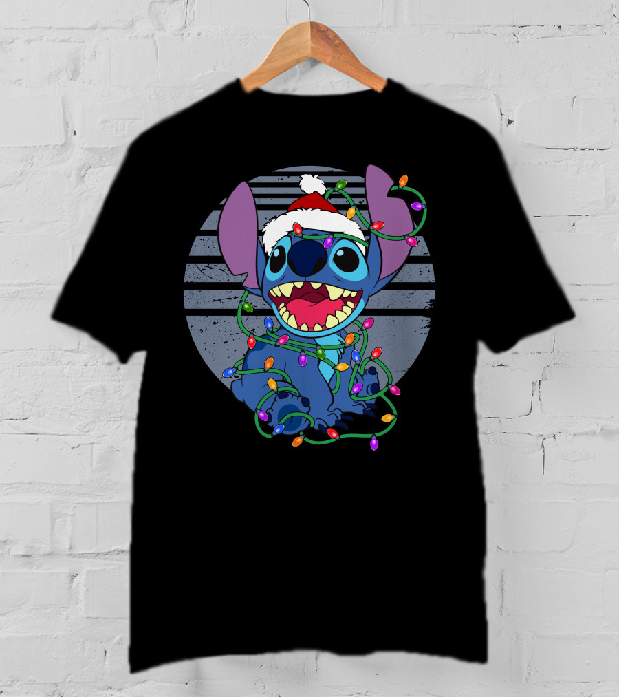 Stitch Christmas Lights Holiday Santa Hat T-Shirt